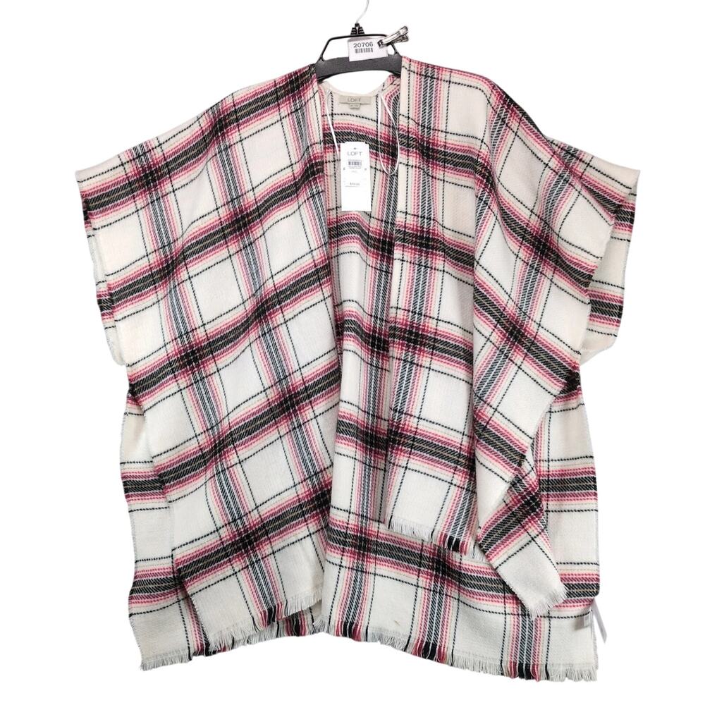 NWT Loft Soft Knit Plaid Poncho Cape‎ Sweater Women's M/L Fringe Boho Festival